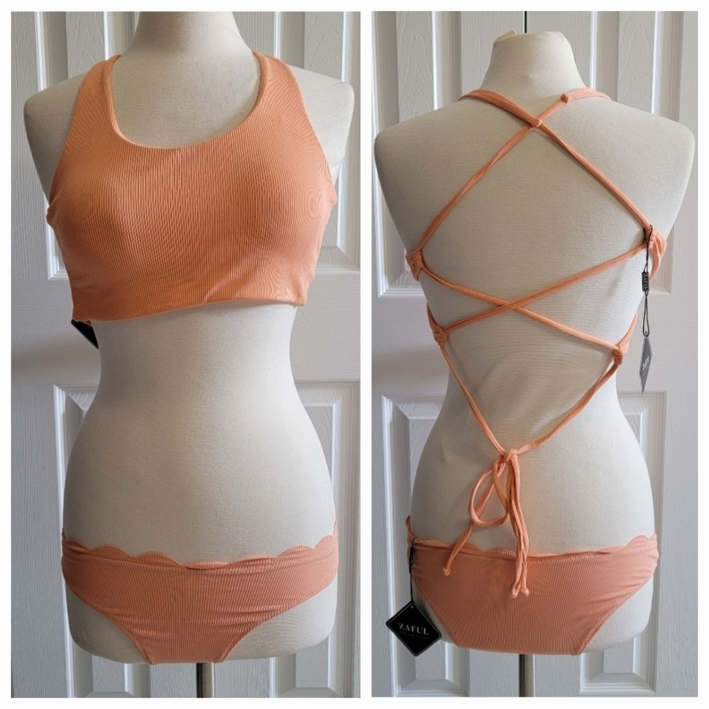 Zaful Ribbed Scalloped Bikini Set Peach Bandeau 2-Piece Women’s Size 6/4 NWT